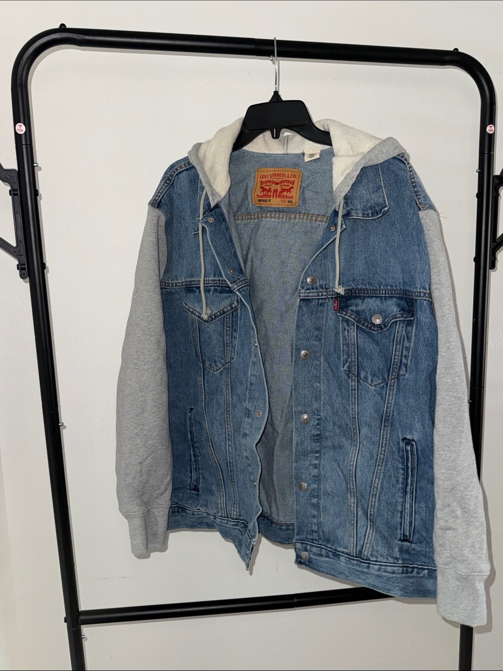 Levi's Blue Denim Bomber Jacket with Gray Hoodie Sleeves